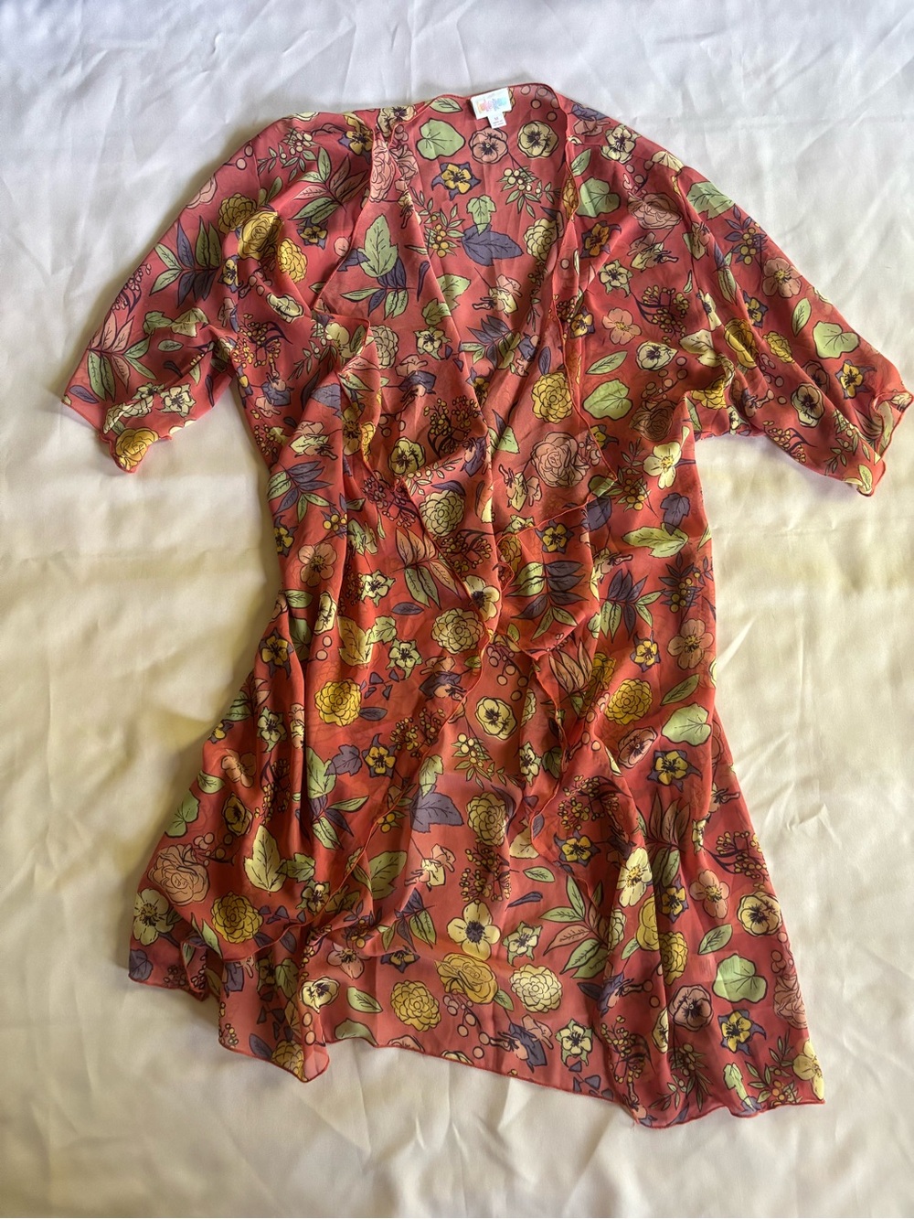 LuLaRoe Shirley Kimono Coral with Floral Accents *RARE FIND*